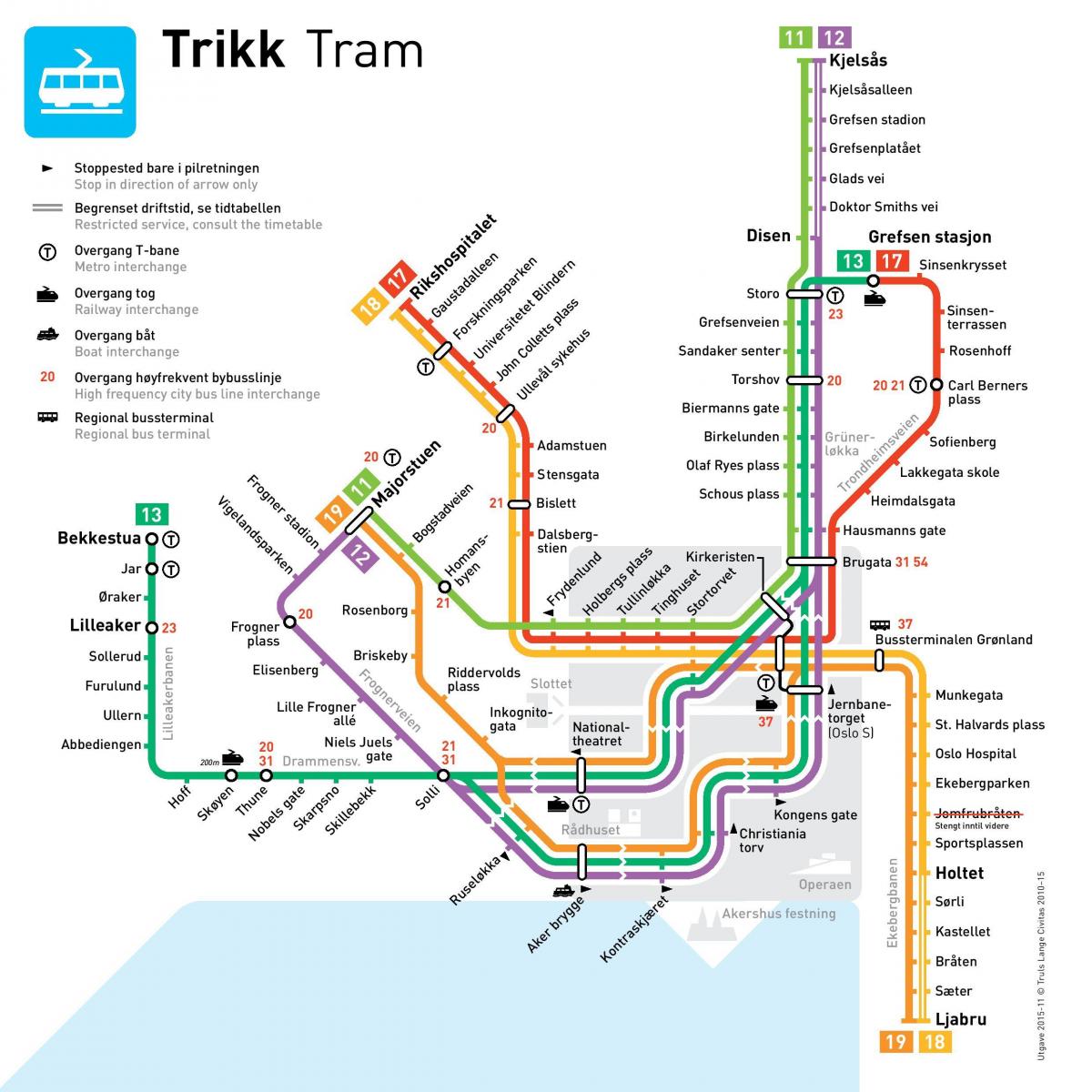 Карта трамвайных остановок Осло